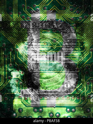 Bitcoin cryptocurrency Konzept, grafische Collage in den kosmischen Raum. dollar Wirkung Stockfoto