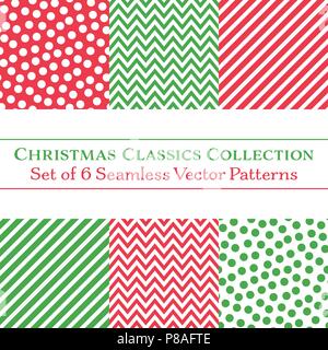 Sammlung von 6 klassische Weihnachten Vektor nahtlose Muster, Polka Dots, Winkel und Candy Streifen in den Farben rot und grün. Muster Bundle, Set Stock Vektor