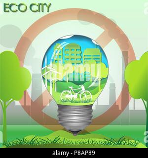 Lampe. Konzept der eco und Tag der Erde. Paper art Stil. Beschriftung - Eco City Stock Vektor