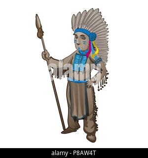 Die statuette des Führers eines Stammes der Inder auf weißem Hintergrund. Cartoon Vektor close-up Abbildung. Stock Vektor