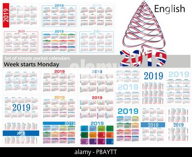 Einfache Tasche Kalender für 2019 2 000 19. Woche beginnt Montag Stock Vektor