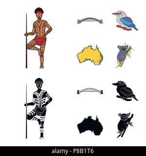 Aborigine mit einem Speer, Sydney Harbour Bridge, kookabarra auf einem Zweig, das Territorium des Landes. Australien Sammlung Icons im Cartoon, schwarz Sty Stock Vektor