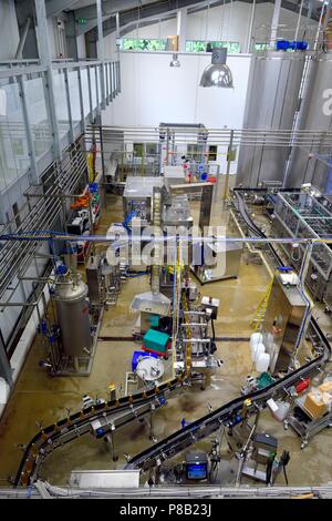 Abfüllung Produktion, Healeys Cyder, Penhallow Farm Cornwall, Truro, Cornwall, England, Großbritannien Stockfoto