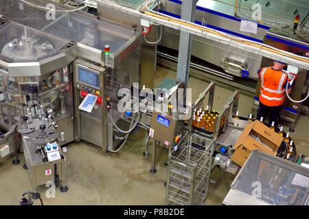 Abfüllung Produktion, Healeys Cyder, Penhallow Farm Cornwall, Truro, Cornwall, England, Großbritannien Stockfoto