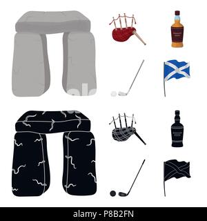 Stein, Dudelsack, Whisky, Golf. Schottland land Sammlung Icons im Cartoon, schwarze Art Vektor Symbol lieferbar Abbildung. Stock Vektor