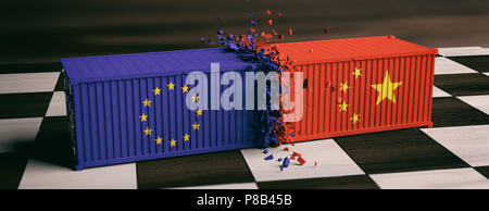 USA und EU-Handels. Uns von Amerika und die Europäische Union Flaggen abgestürzt Container am Schachbrett. 3D-Darstellung Stockfoto