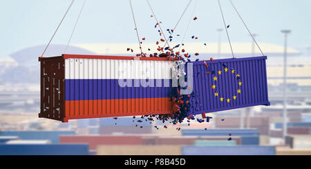 Russland und EU-Handel. Russische und Europäische Union Flaggen abgestürzt Container auf und blauer Himmel. 3D-Darstellung Stockfoto
