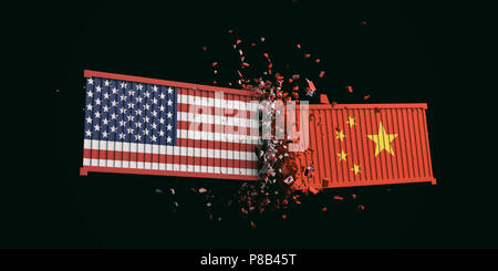 USA und China Handelskrieg. Uns von Amerika und chinesischen Flaggen abgestürzt Container auf schwarzem Hintergrund. 3D-Darstellung Stockfoto