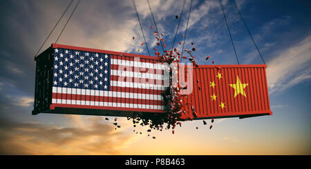 USA und China Handelskrieg. Uns von Amerika und chinesischen Flaggen abgestürzt Container auf Himmel bei Sonnenuntergang Hintergrund. 3D-Darstellung Stockfoto