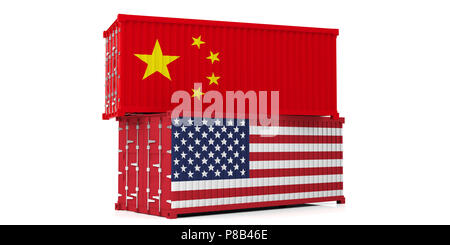 USA und China Handelskrieg. Uns von Amerika und chinesischen Flaggen Cargo Container auf weißem Hintergrund. 3D-Darstellung Stockfoto