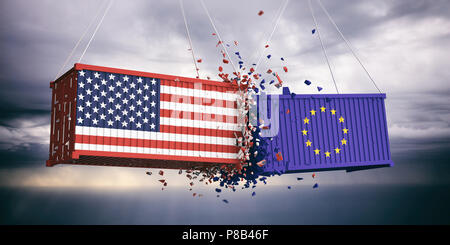 USA und EU-Handels. Uns von Amerika und die Europäische Union Flaggen abgestürzt Container auf blauen bewölkten Himmel Hintergrund. 3D-Darstellung Stockfoto