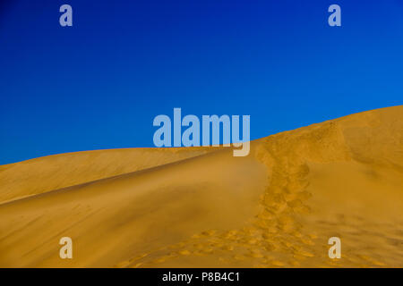 Wunderschöne Namib Wüste Landschaft mit Formen Muster und Fußabdrücke auf den schönen goldenen Sandstrand von Dune 7, die höchste in Namibia in der Nähe von Walvis Bay ein Stockfoto