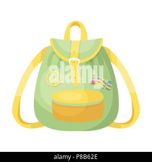 Grün hippie Rucksack. Hippy einzelnen Symbol im Comic-stil Vektor Symbol lieferbar Abbildung. Stock Vektor