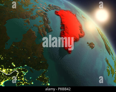 Sonnenuntergang über Grönland aus dem Weltraum auf dem Planeten Erde mit sichtbaren Grenzen. 3D-Darstellung. Elemente dieses Bild von der NASA eingerichtet. Stockfoto