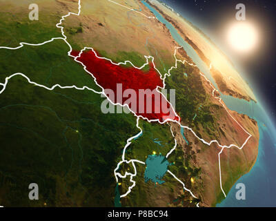 Sonnenuntergang über den Süden des Sudan aus dem Weltraum auf dem Planeten Erde mit sichtbaren Grenzen. 3D-Darstellung. Elemente dieses Bild von der NASA eingerichtet. Stockfoto