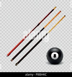 Vektor Illustration realistische Billard, Pool cue eingestellt und die Kugel 8 auf einer transparenten karierten Hintergrund isoliert. EPS 10. Stock Vektor