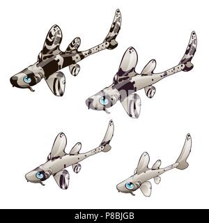 Cartoon weiße und schwarze Fische auf einem weißen Hintergrund. Vector Illustration. Stock Vektor