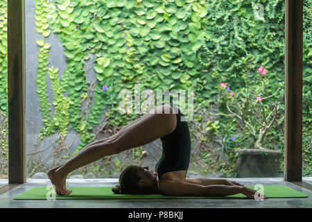 Seitenansicht der sportliche junge Frau Yoga im Pflug (Halasana) vor der Wand mit grünen Blättern bedeckt Stockfoto