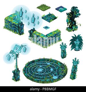 Leuchtende Objekte türkis Farbe. Totem, Stone Fence, Laterne. Die Elemente der Architektur und Symbole der Religion der alten Zivilisation auf einem weißen Hintergrund. Vektor. Stock Vektor