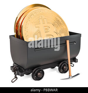 Bitcoin Mining Konzept. Mein Warenkorb mit Bit Münzen und Spitzhacke, 3D-Rendering auf weißem Hintergrund Stockfoto