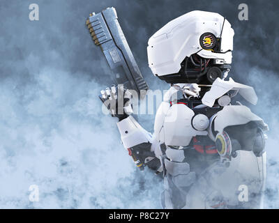 3D-Rendering eines futuristischen Roboter Polizei oder Soldat mit einem Gewehr durch Rauch umgeben. Stockfoto