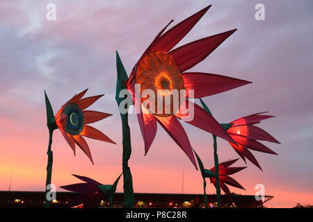 Hoppegarten, Deutschland, helle künstliche Blumen in der Dämmerung Stockfoto