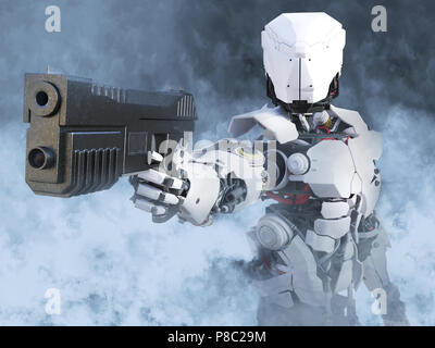 3D-Rendering eines futuristischen Roboter Polizei oder Soldat mit einem Gewehr durch Rauch umgeben. Stockfoto