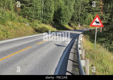 Elche Warnschild an der internationalen Straße E6 in Oppland, Norwegen. Stockfoto