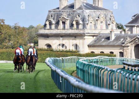 Chantilly, Frankreich, Pferde und Jockeys bei einem galopp Rennen Stockfoto