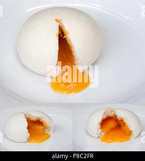 Sammlung von gedämpfte Brötchen und süßen cremigen Flüssigkeit heraus kommen, gedämpfte Brötchen sind beliebte Gerichte in China, gedämpfte Brötchen aus Reismehl. Stockfoto