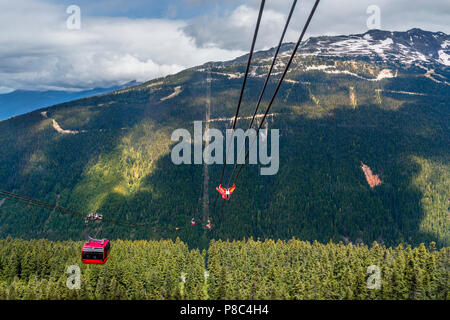 Ansicht von oben in den Wipfeln der Bäume, der Seilbahn und Gondeln mit Menschen reiten in die Berge, Landstraßen in die Berge, Schnee, auf den felsigen Stockfoto