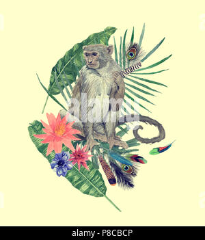 Aquarell handgezeichnete Abbildung mit Monkey, Blätter, Blüten, Federn. Stockfoto