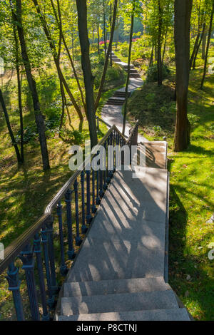 Gasse mit Treppen und Geländer zwischen Bäumen in einem grünen Park. Für ihr Design Stockfoto