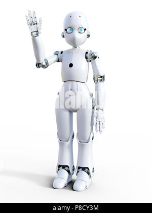 3D-Rendering von einer Weißen freundlich cartoon Roboter winken Hallo. Weißer Hintergrund. Stockfoto