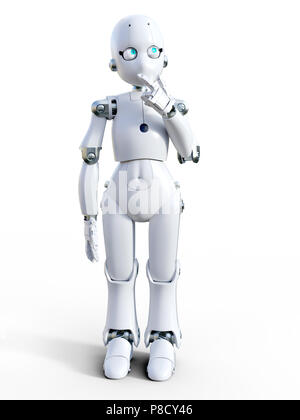 3D-Rendering von einer Weißen freundlich cartoon Roboter Denken über etwas. Weißer Hintergrund. Stockfoto