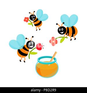 Lustig Biene. Wald Tier, Honig sammeln, lächelnd Cartoon cute wilden Charakter. Flache vektor design Stock Vektor