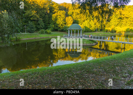Eine kleine Insel mit einem dekorativen Alkoven mit einem grünen Dach und eine Brücke, um es vor dem Hintergrund eines transparenten See. Für ihr Design Stockfoto