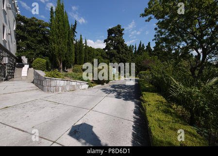 Der Pfad im Park gepflastert ist der große Platten mit schönen grünen Vegetation rund um ein idealer Ort für Wandern und Entspannen. . Für ihr Design Stockfoto
