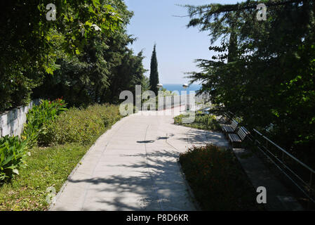 Bänken zum Ausruhen im Schatten der Bäume entlang der Weg auf die Brücke mit Blick auf das Meer. Für ihr Design Stockfoto