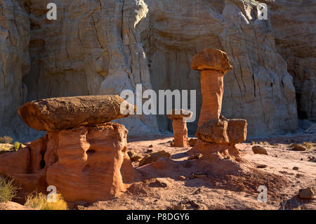 UTAH - Diese fliegenpilze Wo gebildet, wenn harden Felsbrocken, die von den Klippen oben gerollt und geschützt Die weichere Sandstein unterhalb. Stockfoto