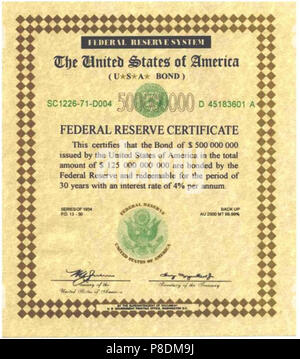 500-Millionen-Dollar-Serie-1934-Federal-Reserve-System-Federal - Reserve-Certificate-für-Bond-Nummern. Stockfoto