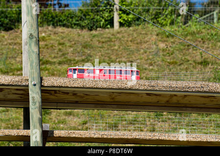 Ein Spielzeug Lokomotive, auf einer Holzbrücke. Stockfoto