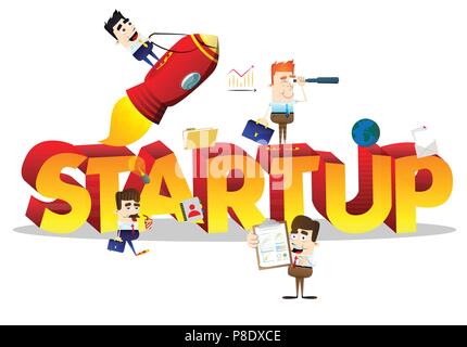 Cartoon kleine Geschäftsleute mit Word starten. Miniatur-Szene der Unternehmer auf weißem Hintergrund. Stock Vektor