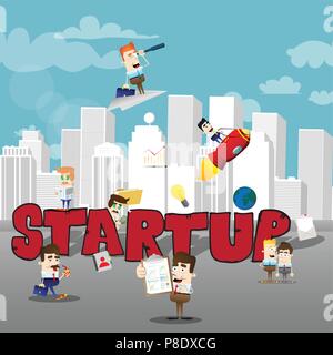 Cartoon kleine Geschäftsleute mit Word starten. Miniatur-Szene der Unternehmer in der Stadt. Stock Vektor