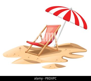 Red Liege mit Sonnenschirm. Holzstuhl auf Sand. Farbenfrohe Sommer Abbildung. Flache Vector Illustration auf weißem Hintergrund. Stock Vektor