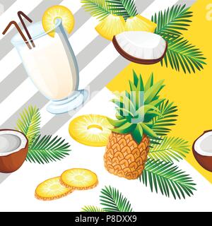 Exotische nahtlose Muster. Pina Colada mit Kokosnuss, Ananas. Trinkglas. Konzept Design für Karte und Werbung. Flache vector Abbildung auf der whi Stock Vektor