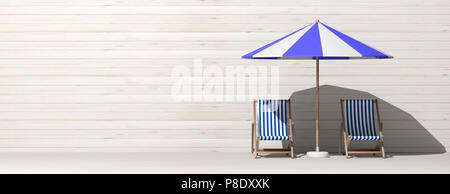 Sommer Urlaub. Liegen und Sonnenschirm auf Holz- wand hintergrund, Banner, kopieren. 3D-Darstellung Stockfoto