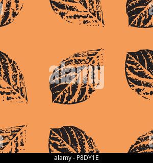 Die Drucke der Blätter der Bäume. Nahtlose Muster. Schwarze Elemente, orange Hintergrund Stock Vektor