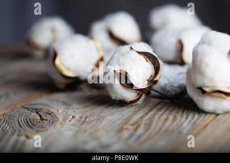 Baumwolle Samenkapseln auf einer hölzernen Oberfläche. Nahaufnahme Stockfoto