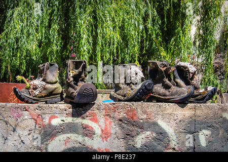 Berlin Prenzlauer Berg. Skurrile Pflanze Container. Alpine Sempervivum Pflanzen in verwitterten alten Stiefel im Garten von Ausland Music Center Stockfoto